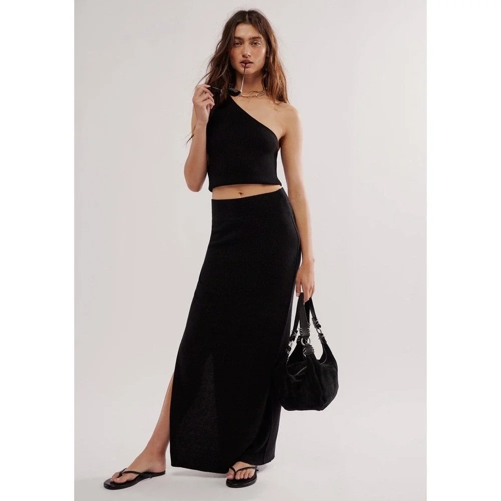 Free People Golden Hour Maxi Skirt Womens Size XL Black Ribbed Knit Stretch